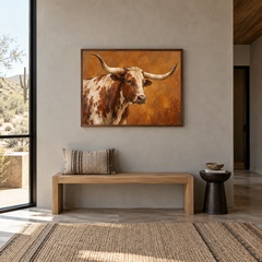 Ochre Horns Western oil painting displayed in a entryway