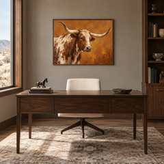 Ochre Horns Western oil painting displayed in a study