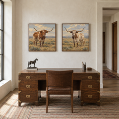 Prairie Pair set of 2 Western paintings displayed in a study