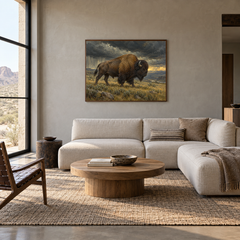 Storm Bison Western oil painting displayed in a living room