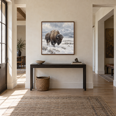 Buffalo in Snow Western oil painting displayed in a entryway