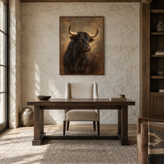 Black Bull Study Western oil painting displayed in a study