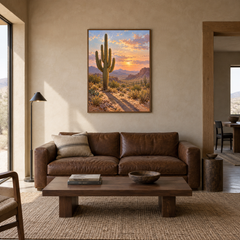 Saguaro Light Western oil painting displayed in a living room