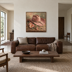 Desert Rose Hat Western oil painting displayed in a living room