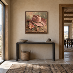 Desert Rose Hat Western oil painting displayed in a entryway