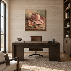 Desert Rose Hat Western oil painting displayed in a study