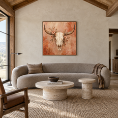 Prairie Bone and Bloom Western oil painting displayed in a living room