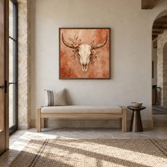 Prairie Bone and Bloom Western oil painting displayed in a entryway