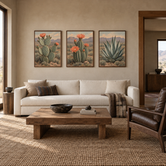Cactus Flower Study set of 3 Western paintings displayed in a living room