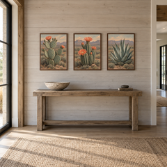 Cactus Flower Study set of 3 Western paintings displayed in a entryway