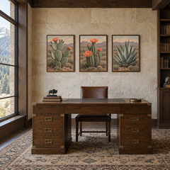 Cactus Flower Study set of 3 Western paintings displayed in a study