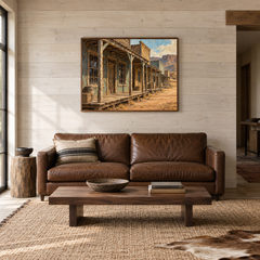 Frontier Storefront Western oil painting displayed in a living room