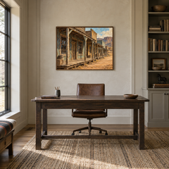 Frontier Storefront Western oil painting displayed in a study