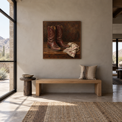 Trail-Worn Boots Western oil painting displayed in a entryway