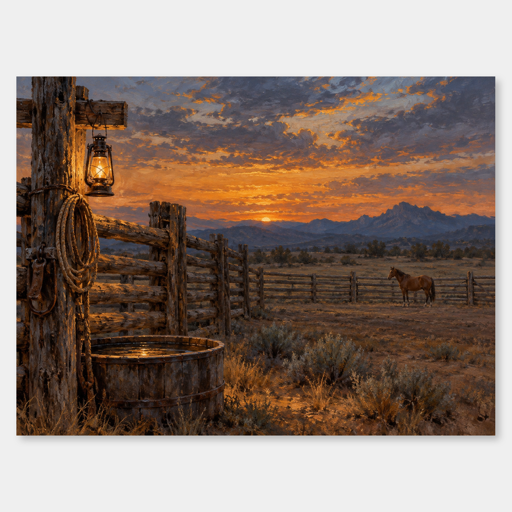 Evening at the Corral Western oil painting