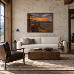 Evening at the Corral Western oil painting displayed in a living room