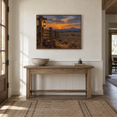 Evening at the Corral Western oil painting displayed in a entryway