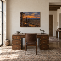 Evening at the Corral Western oil painting displayed in a study