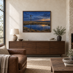 Prairie Windmill at Blue Hour Western landscape displayed above a walnut credenza in a quiet ranch living room