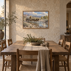 Salt Creek Crossing Western oil painting displayed on a limestone wall in a Western dining room