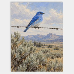 Mountain bluebird oil painting perched on a weathered wire above sage and distant western ridges