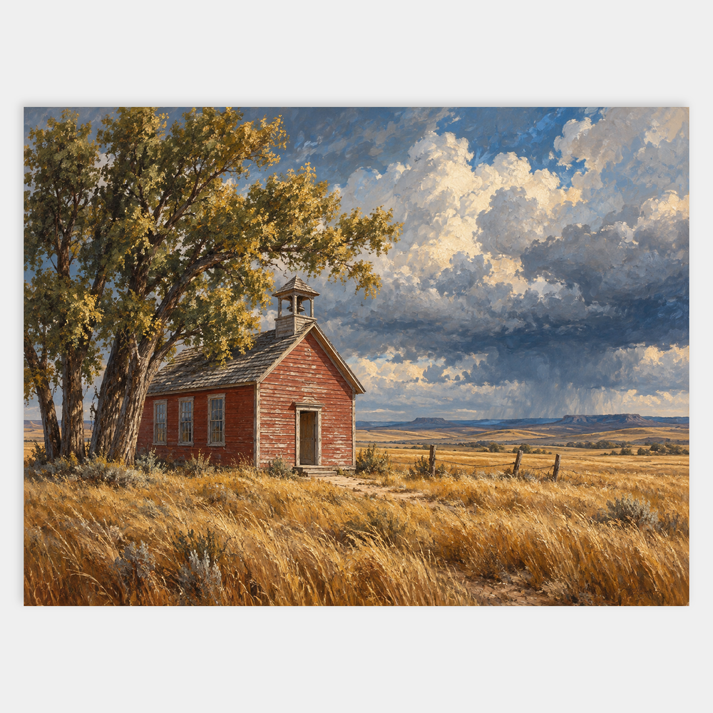 Prairie Schoolhouse original Western oil painting of a red timber schoolhouse beneath cottonwoods and a broad storm-blue sky