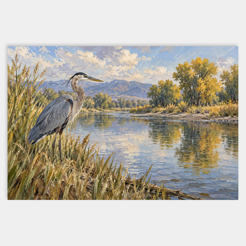 The River’s Edge original Western oil painting of a great blue heron beside a quiet river bend