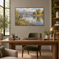 The River’s Edge Western oil painting displayed in a sunlit study with walnut desk and muted sage accents