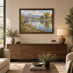 The River’s Edge Western oil painting displayed in a warm walnut living room above a credenza
