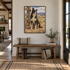Ranch Dog on Watch Western oil painting in a refined ranch entry hall
