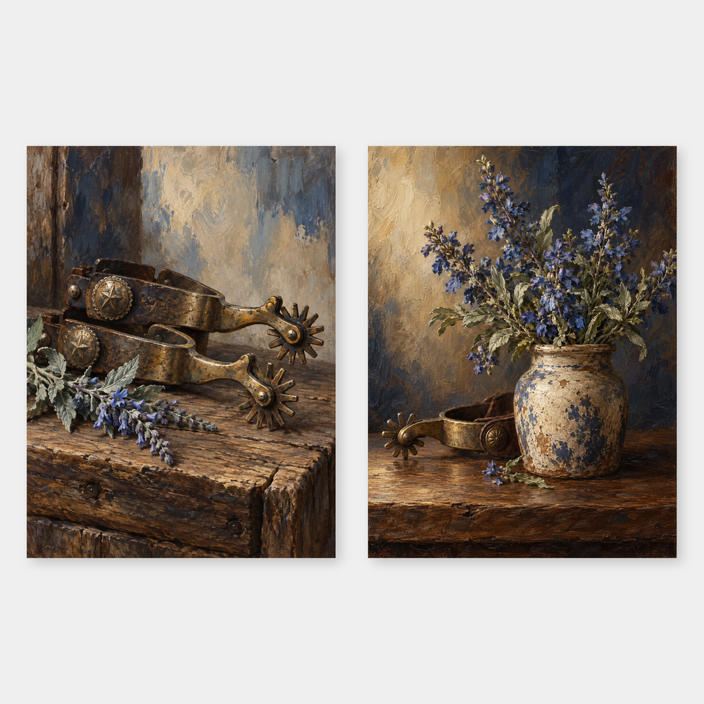 Spurs and Blue Sage original Western oil painting set of 2 on a neutral background