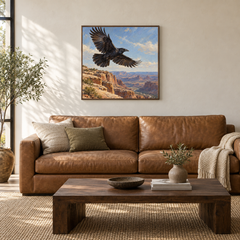 Raven Above the Rimrock Western oil painting displayed in a living room
