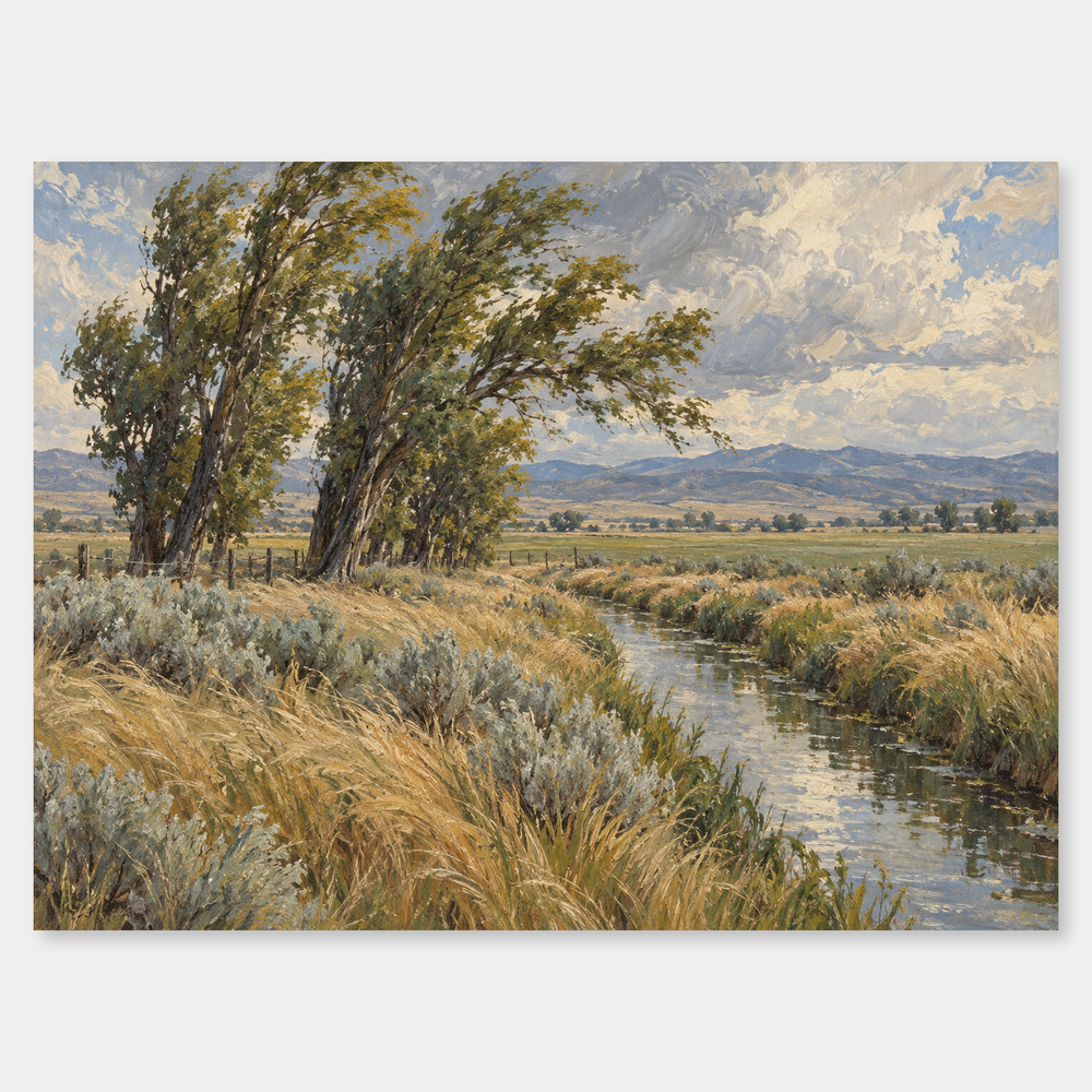 Wind Through the Cottonwoods original Western oil landscape on a neutral background