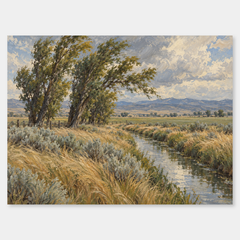 Wind Through the Cottonwoods original Western oil landscape on a neutral background