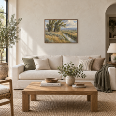 Wind Through the Cottonwoods oil landscape displayed in a living room