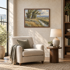 Wind Through the Cottonwoods oil landscape displayed in a reading nook