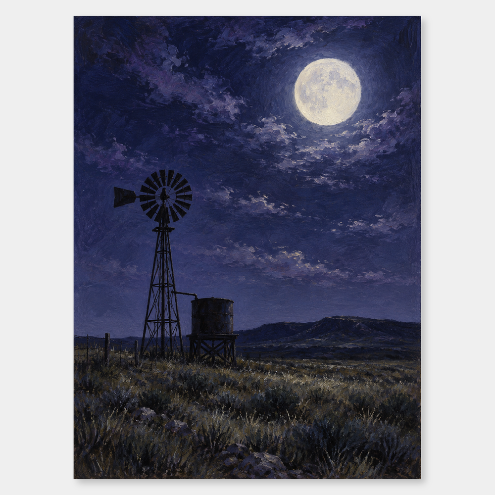 Moon Over the Windmill original Western oil nocturne on a neutral background