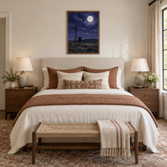 Moon Over the Windmill oil nocturne displayed in a guest bedroom