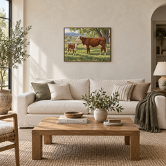 Calving Season oil landscape displayed in a living room