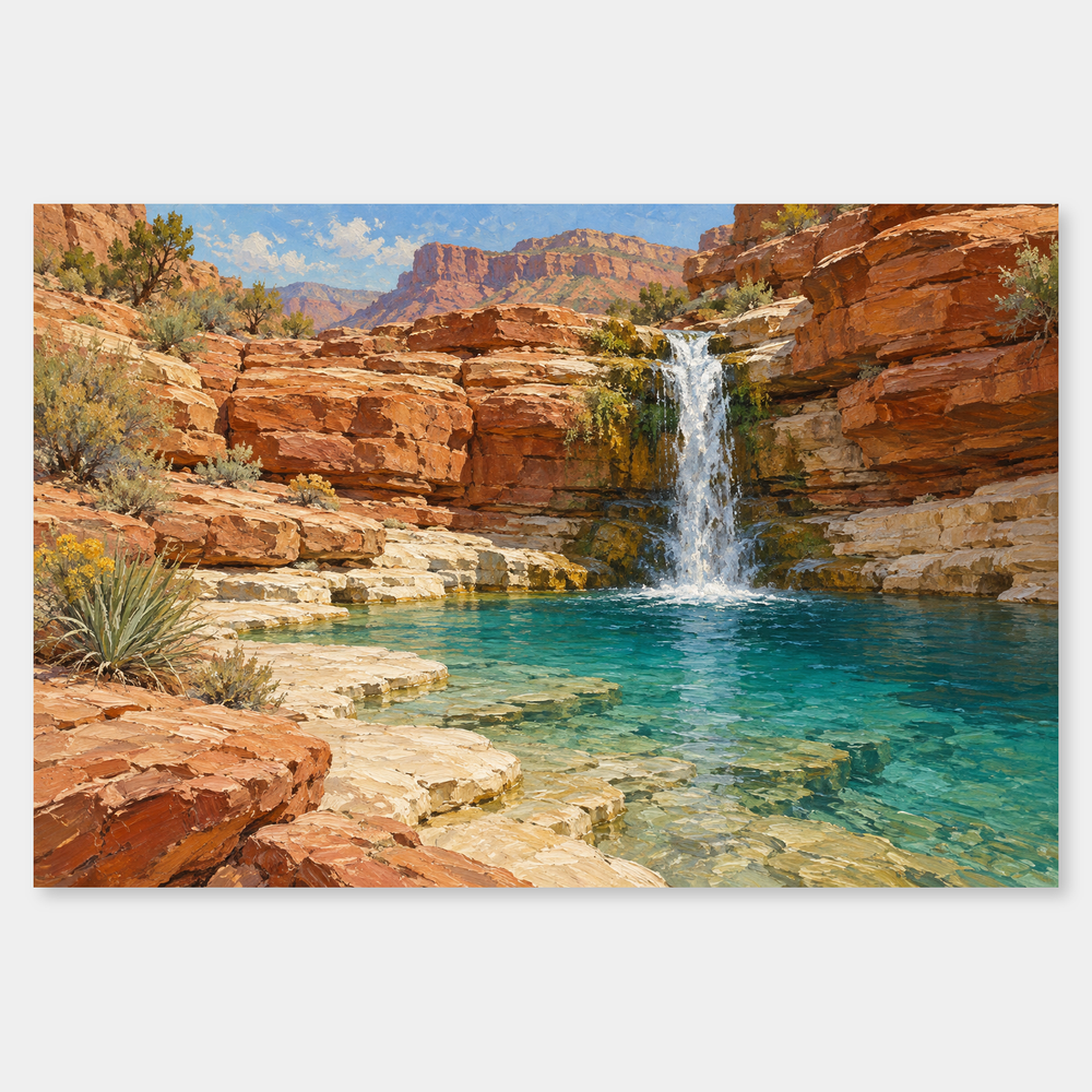 Rimrock Waterfall original Western oil landscape on a neutral background