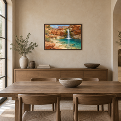 Rimrock Waterfall oil landscape displayed in a dining room