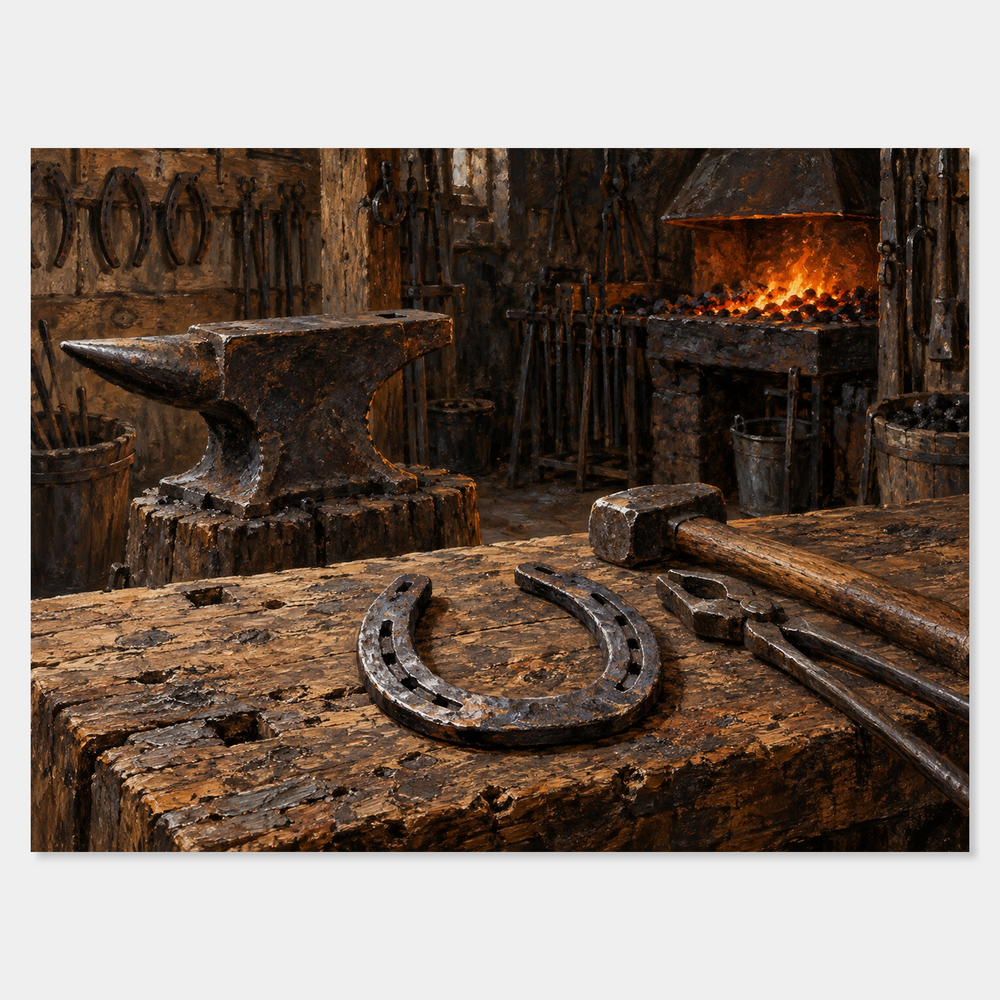 The Farrier's Light Western oil painting on a neutral background