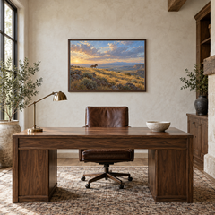The Mustang's Shadow Western oil painting displayed in an interior scene 2