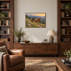 Packing Out at Sunrise Western oil painting displayed in an interior scene 3