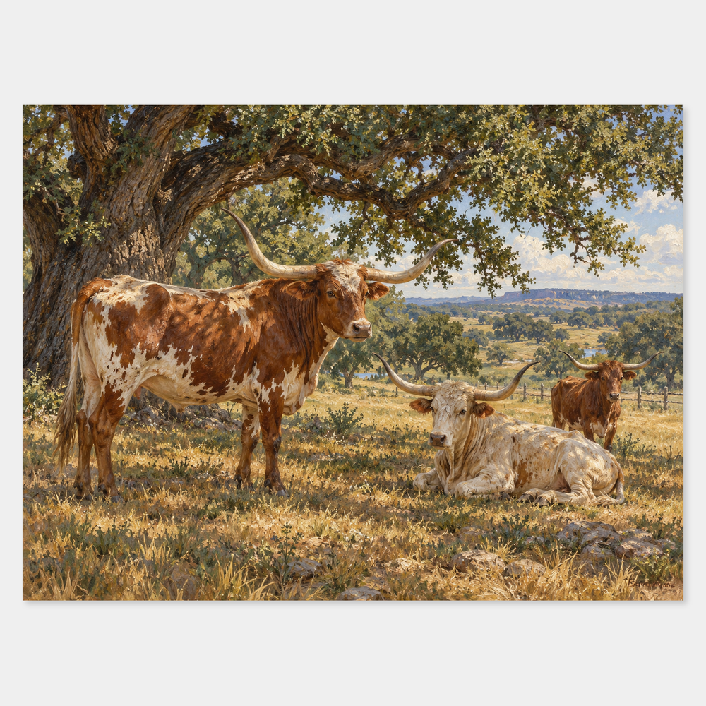 Longhorns beneath the Live Oaks oil painting on a neutral gray background