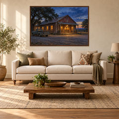Last Light at the Dance Hall above a complete cream linen sofa in a sunlit ranch living room