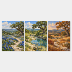 The Texas Hill Country in Three Seasons original artwork - complete three-panel set in original order