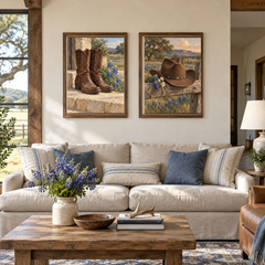 Boots and hat Western art set above a living room sofa