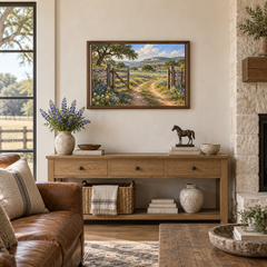 Open gate oil painting over a console in a living room