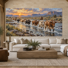 Longhorn River Crossing Western artwork displayed in a spacious refined interior, scene 1
